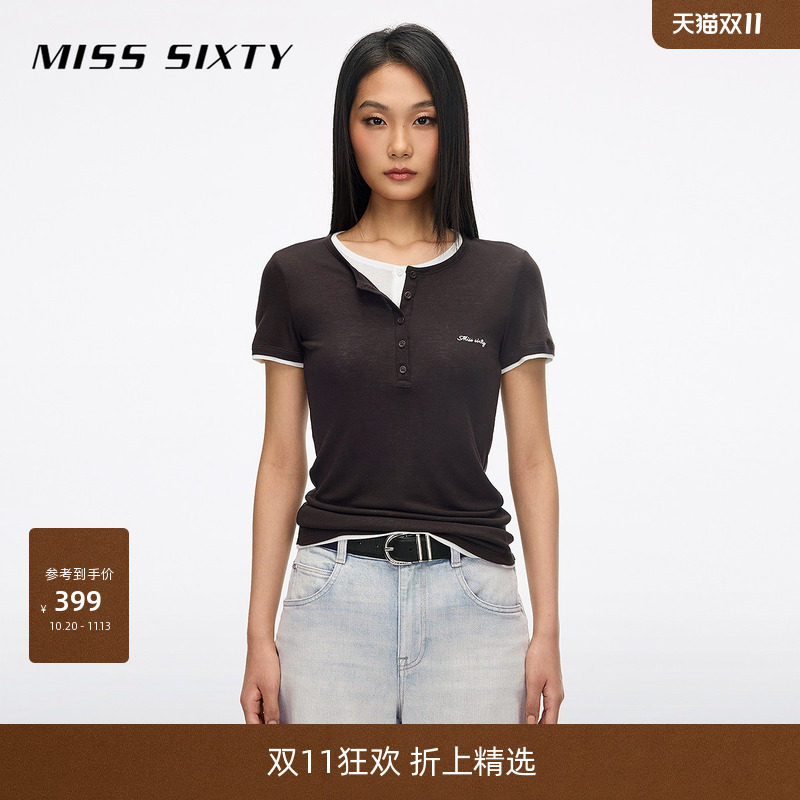 【莱赛尔】Miss Sixty2026夏新款短袖T恤女假两件亨利