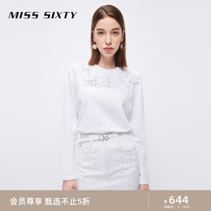 Miss Sixty长袖T恤女手工钉珠花朵宽松圆领重工高级感气质上衣