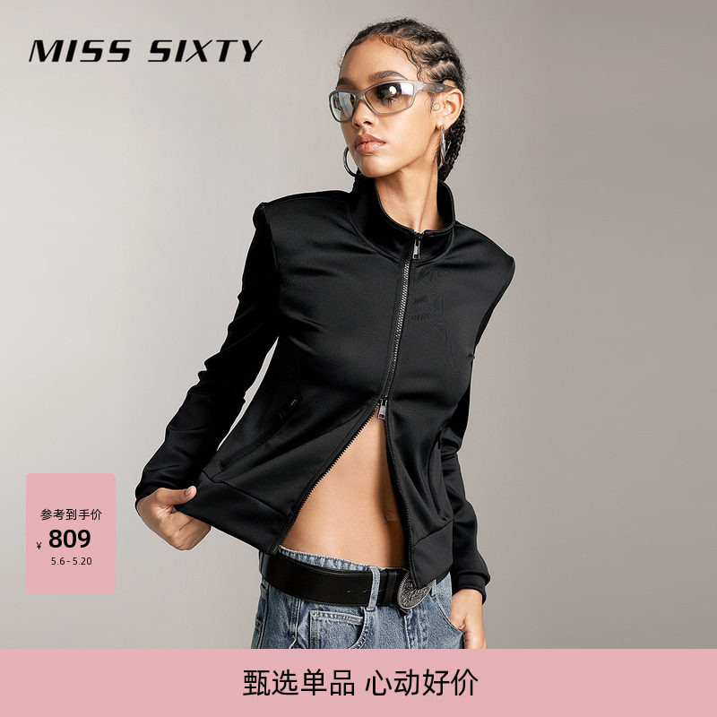 Miss Sixty休闲外套女立领可拆垫肩双向拉链短款美式复古运