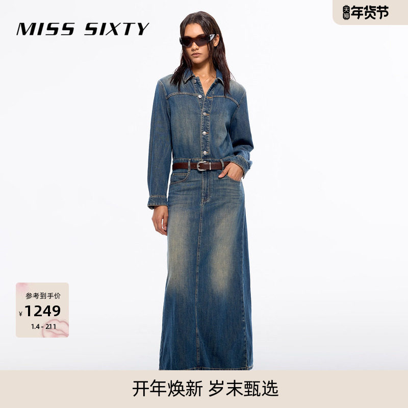 Miss Sixty含莱赛尔牛仔连身连衣裙女配腰带长袖复古后开衩工装