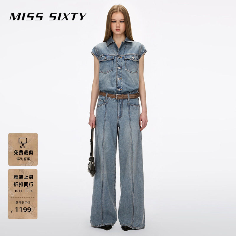 Miss Sixty26春夏新款牛仔连体裤女附腰带宽松复古工装阔腿长裤子