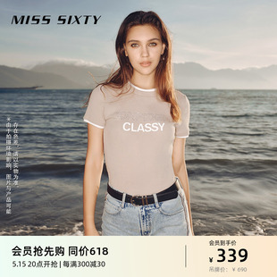 新款 T恤女圆领短袖 Sixty2024春季 Miss 烫钻印花撞色拼接休闲高街