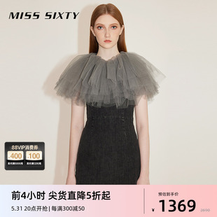 Sixty气质连衣裙女圆领网纱拼接复古浪漫性感牛仔短裙小礼裙 Miss