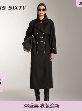 Miss Sixty双排扣大衣女配腰带翻领通勤黑色高级感长款英伦风衣