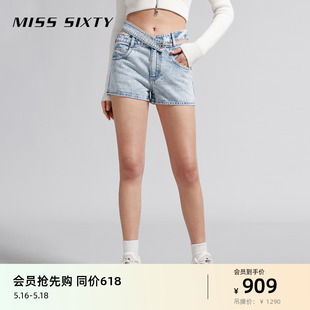 女性感镂空腰头显瘦直筒热裤 Miss 浅色牛仔短裤 新款 Sixty2024春季