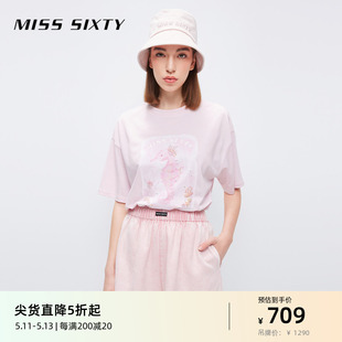 Miss 宽松印花休闲简约上衣 SixtyT恤女减龄甜美风粉色圆领短袖