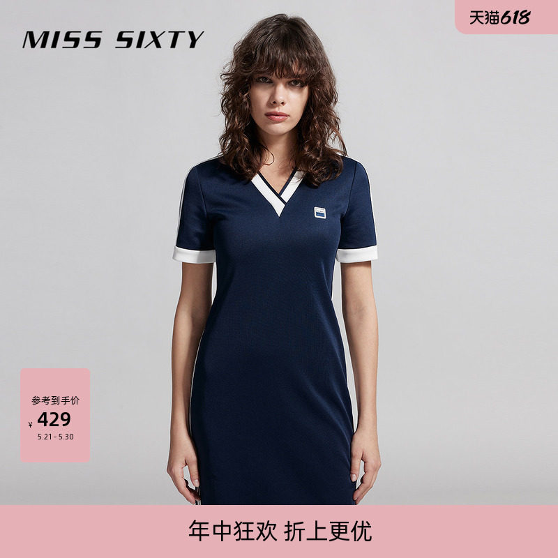Miss Sixty短袖连身连衣裙美式复古运动风V领拼色短裙休闲