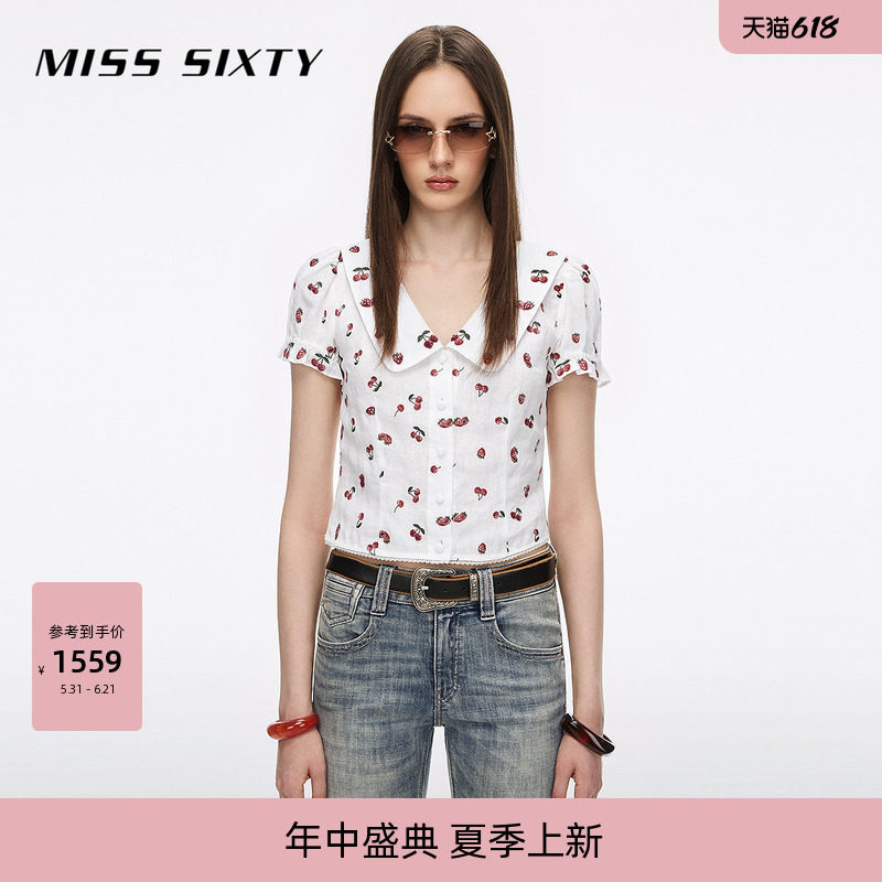 【含亚麻】Miss Sixty26夏季新款衬衫女翻领短袖短款含重工绣花风