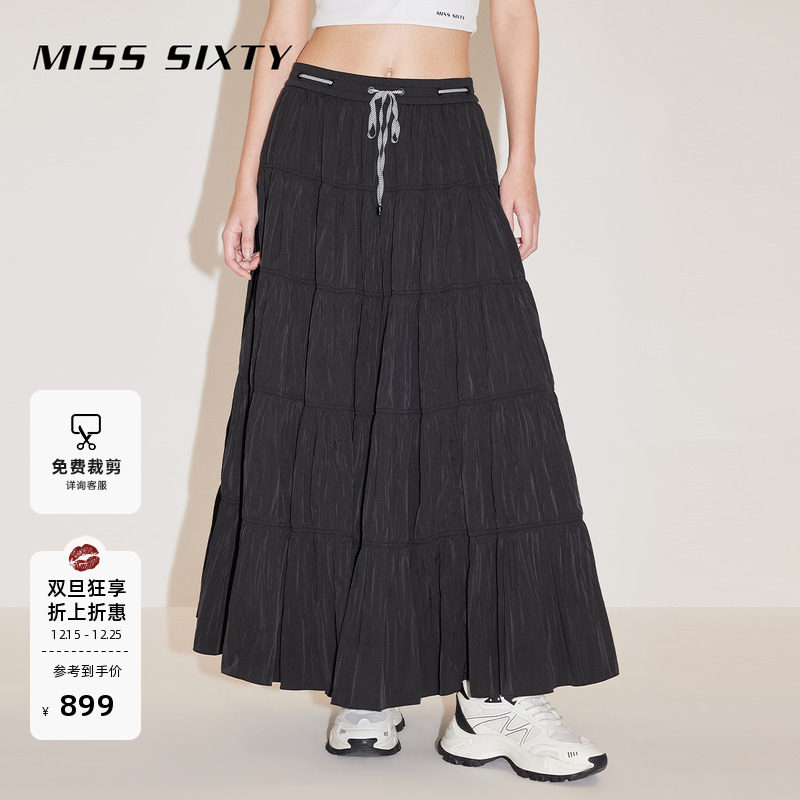 Miss Sixty半身裙女松紧腰系带宽松拼接小黑裙大摆长裙伞裙