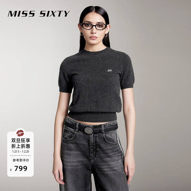 【100%山羊绒】Miss Sixty羊绒衫女圆领短袖针织衫上衣