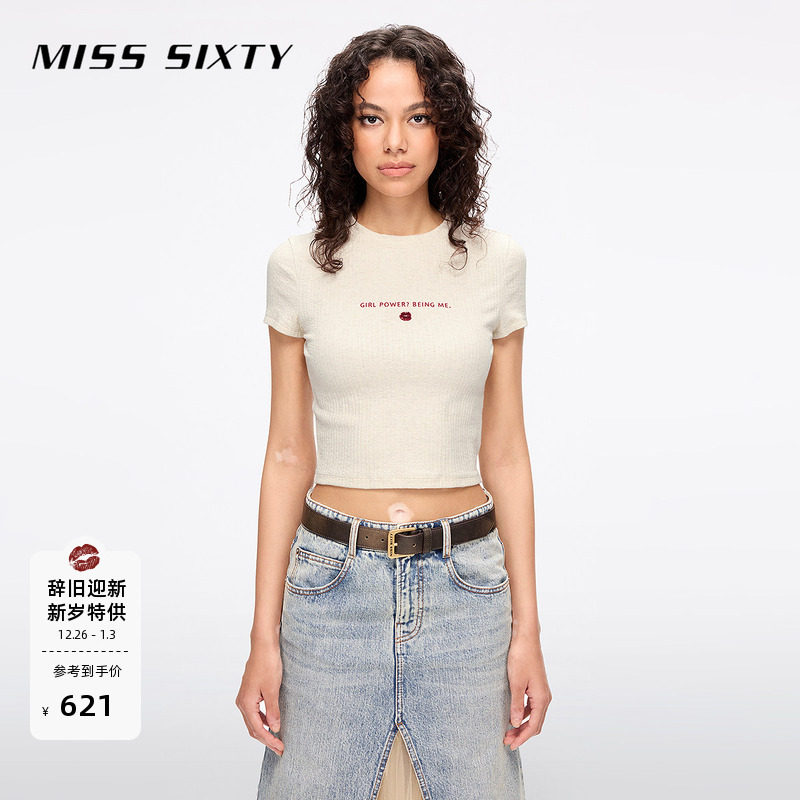 Miss Sixty2025夏季新款短袖T恤女正肩提花针织刺绣钉