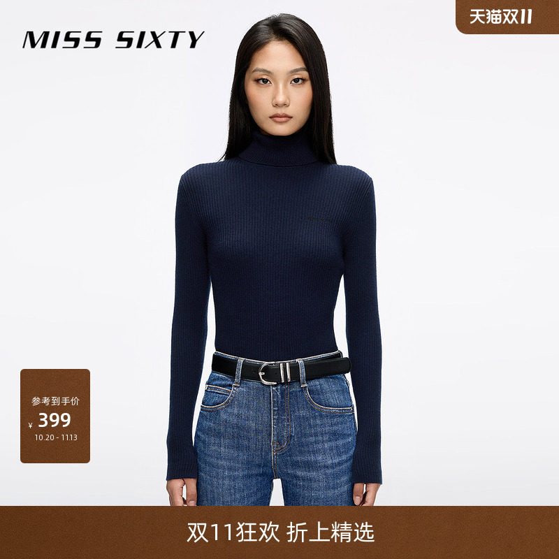 Miss Sixty26冬季羊毛羊绒针织衫女气质上衣高领紧身长袖简约刺绣