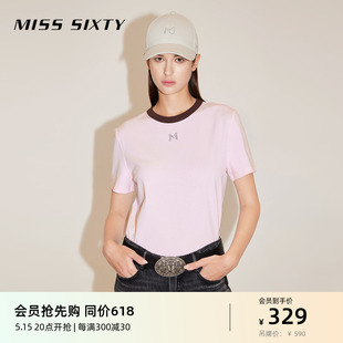 美式 Miss T恤女拼色圆领短袖 新款 复古钻饰百搭休闲 Sixty2024春季