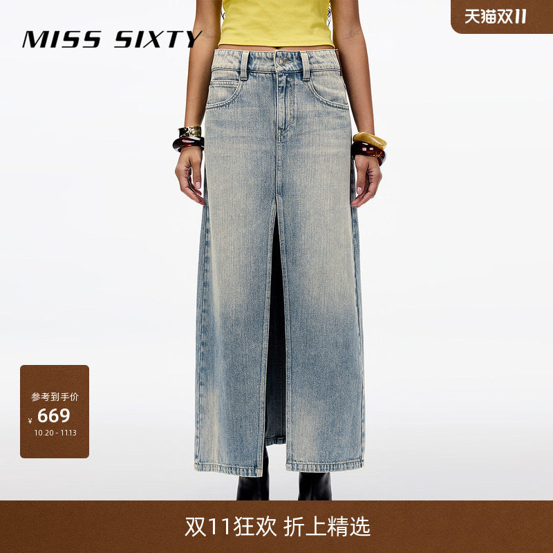 MissSixty复古做旧开衩牛仔长裙
