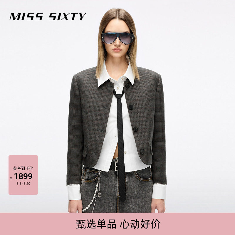 Miss Sixty秋季呢料外套女外搭格子箱型短款静奢风含羊毛上