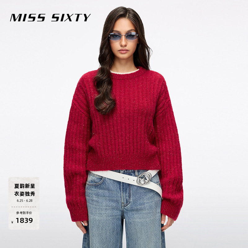 Miss Sixty2026春夏新款马海毛针织衫女柳条肌理红色短