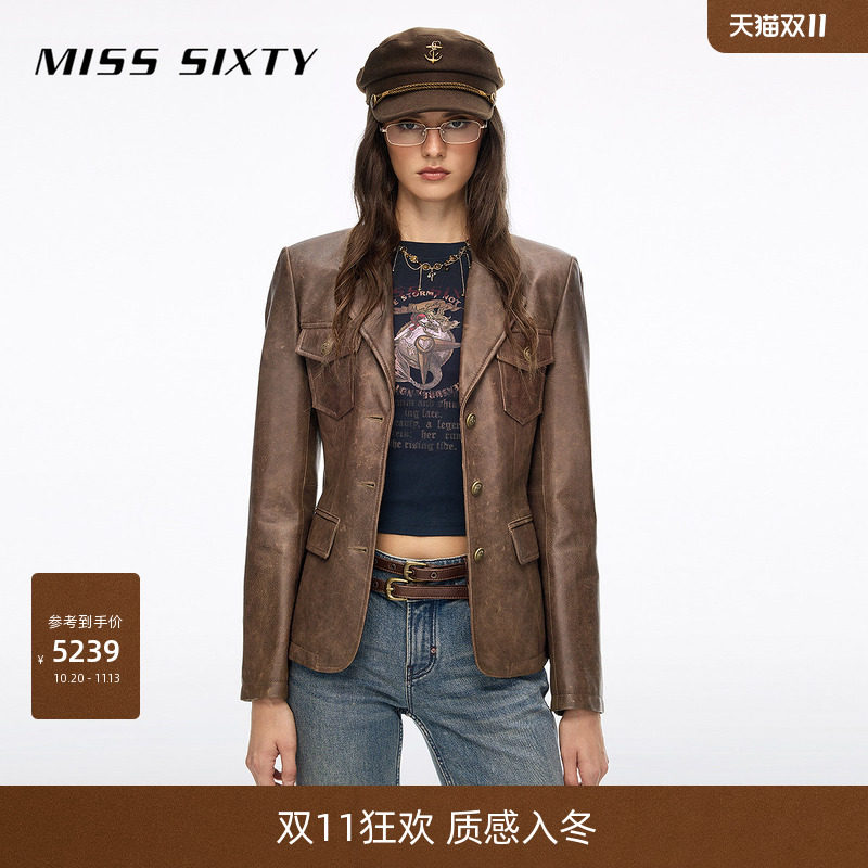 Miss Sixty2026秋季新款皮衣夹克女翻领复古纽扣双色羊