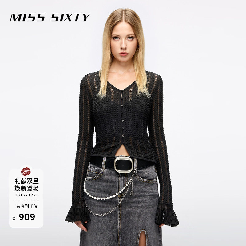 Miss Sixty2025秋季新款针织开衫女V领喇叭袖修身显瘦薄款上衣