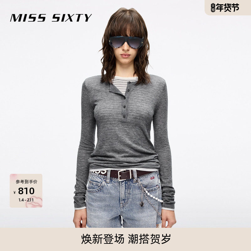 【保暖羊毛】Miss Sixty25秋新款针织衫女假两件叠穿薄款