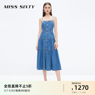 拼接复古蓝法式 Sixty含棉麻牛仔吊带连衣裙女显瘦垂感长款 Miss