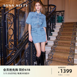 Sixty牛仔连衣裙女翻领短袖 配腰带修身 黑金系列 工装 裙 Miss