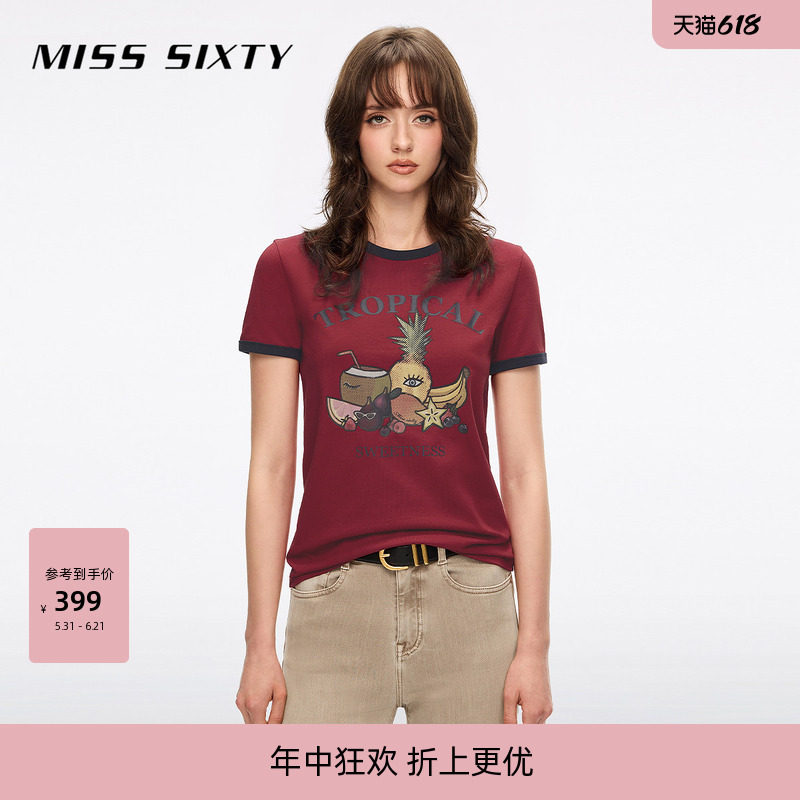 Miss Sixty2026夏季新款短袖T恤女圆领撞色正肩水果印花图案上衣
