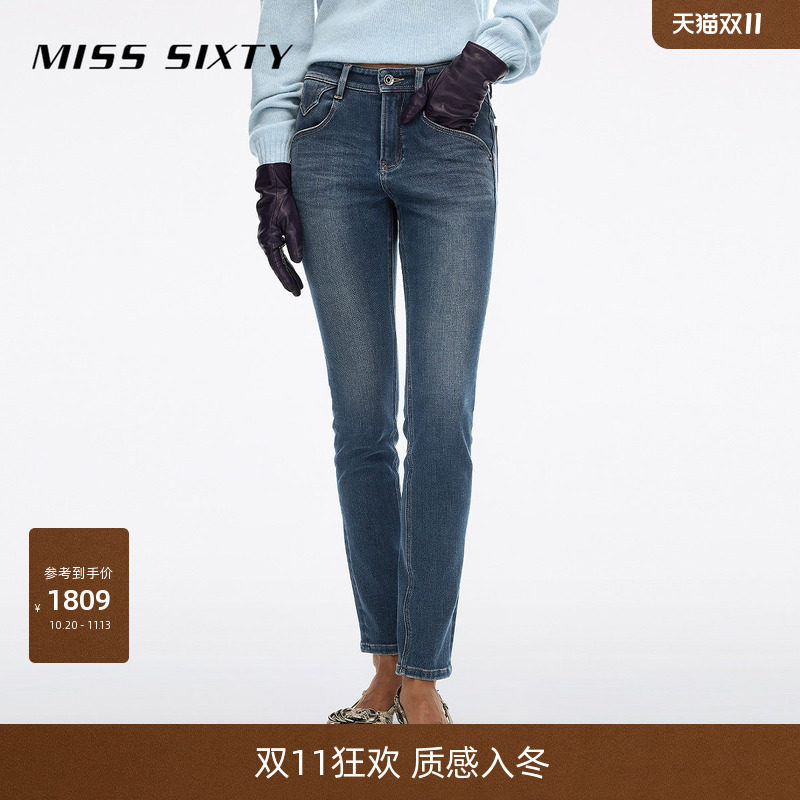 Miss Sixty2026冬季新款牛仔裤女复古做旧磨破中腰含羊绒紧身裤