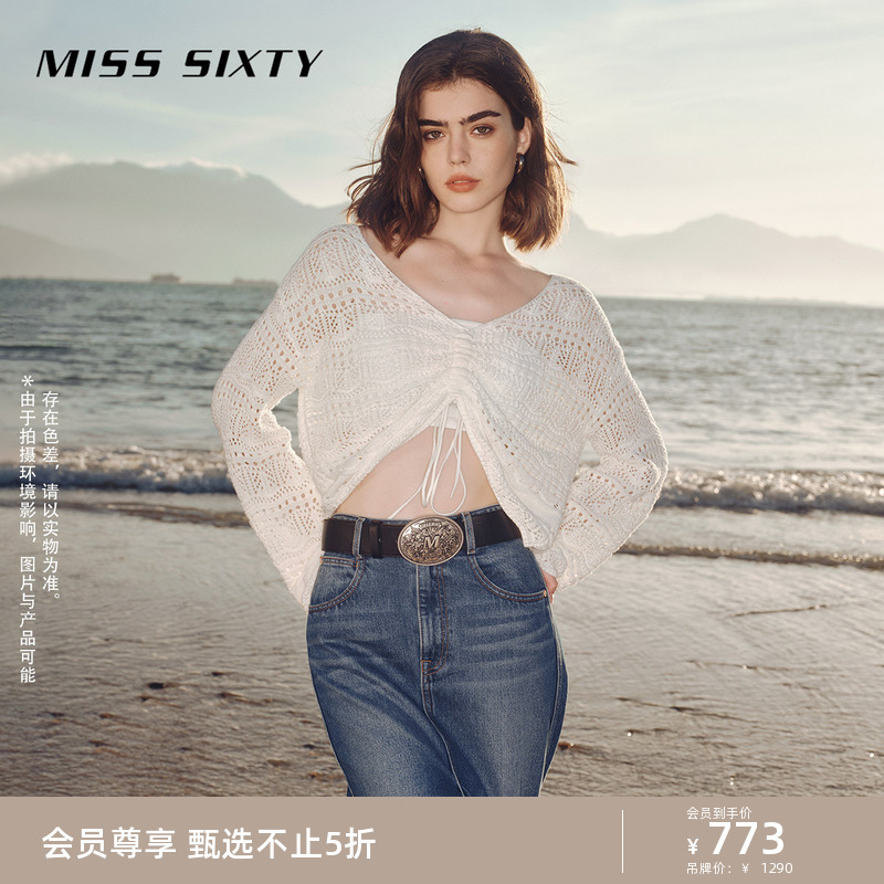 Miss Sixty2024春季新款针织衫女V领套头长袖抽绳镂空辣妹性感风