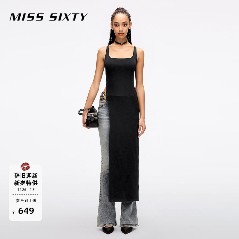 Miss Sixty25夏新款针织背心连身连衣裙女翻领无袖高开叉