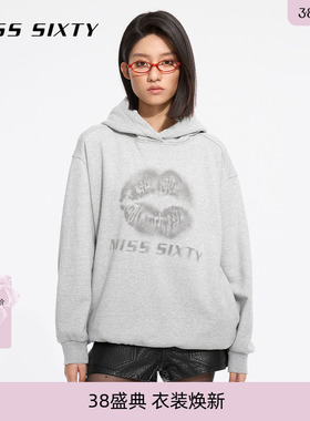 Miss Sixty25春秋款连帽卫衣女唇印磨破格雷系穿搭花灰色休闲上衣
