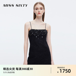 Sixty黑色吊带连衣裙高级感女重工性感珠片轻奢包臀裙小黑裙 Miss