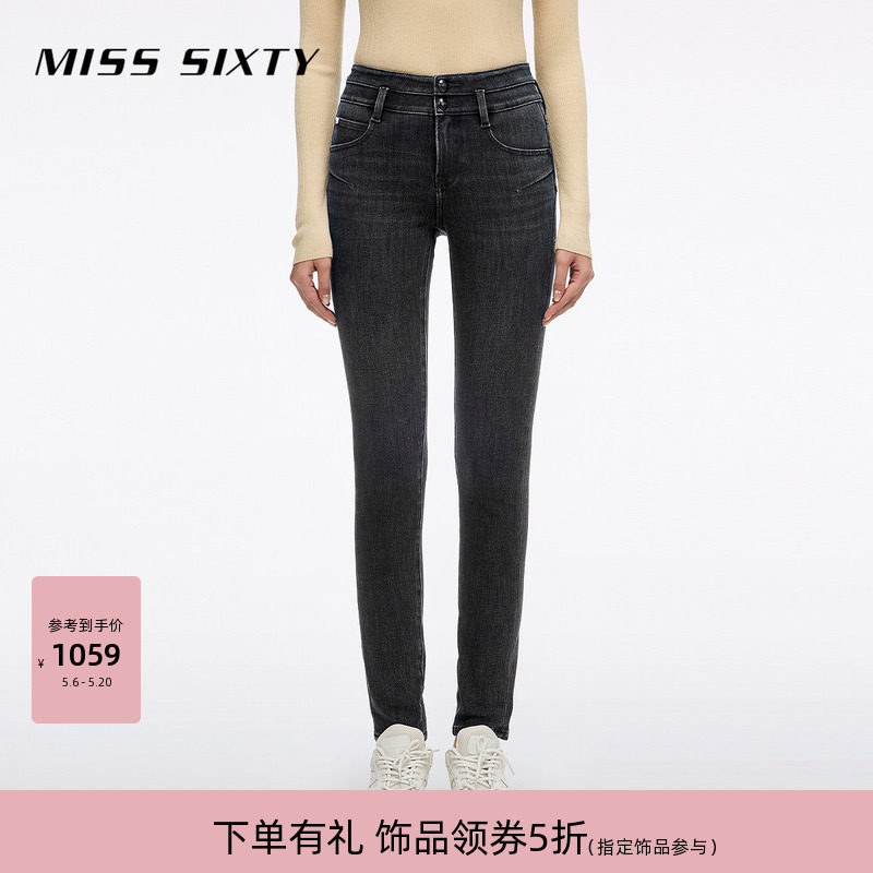 Miss Sixty冬季含羊绒复古显瘦百搭牛仔裤女双扣腰修身小脚