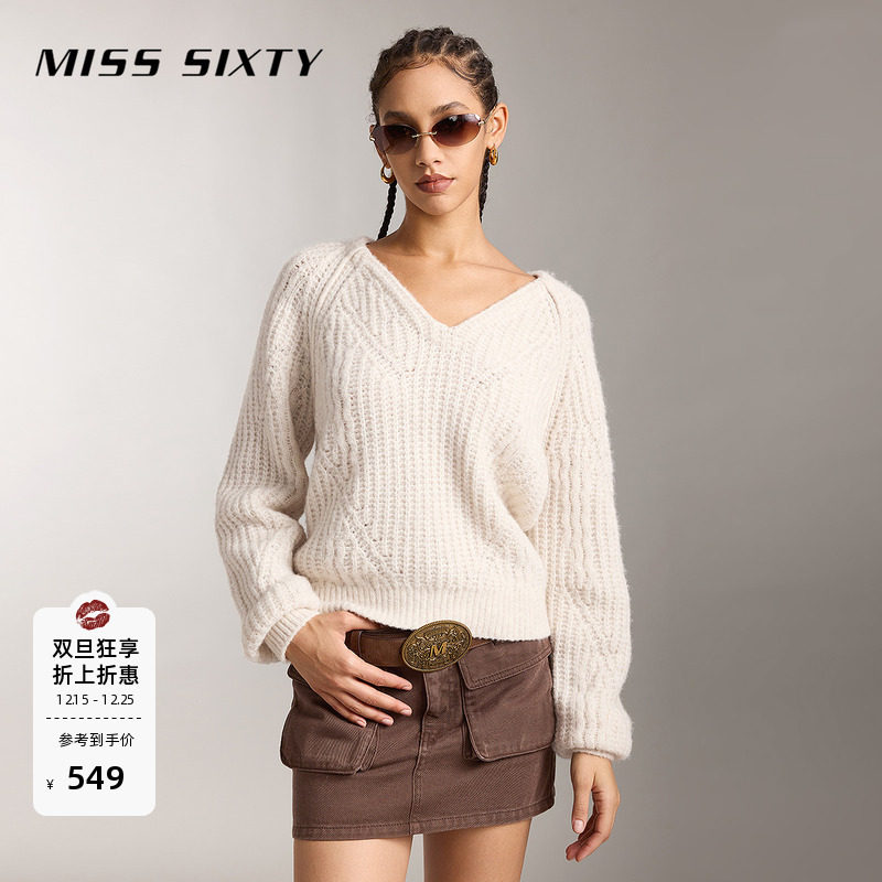 Miss Sixty羊毛针织衫女气质V领毛衣宽松短款上衣显瘦百搭