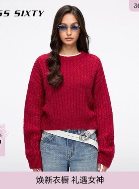 Miss Sixty2026春新款马海毛针织衫女肌理红色短毛衣上衣