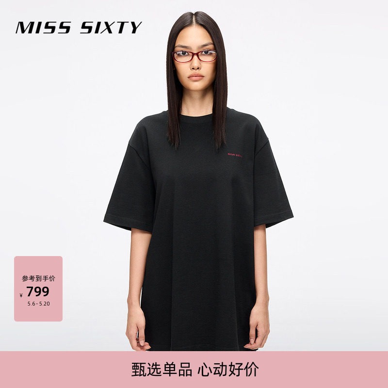 Miss Sixty2026夏季短袖T恤女圆领宽松长款上衣钉珠樱
