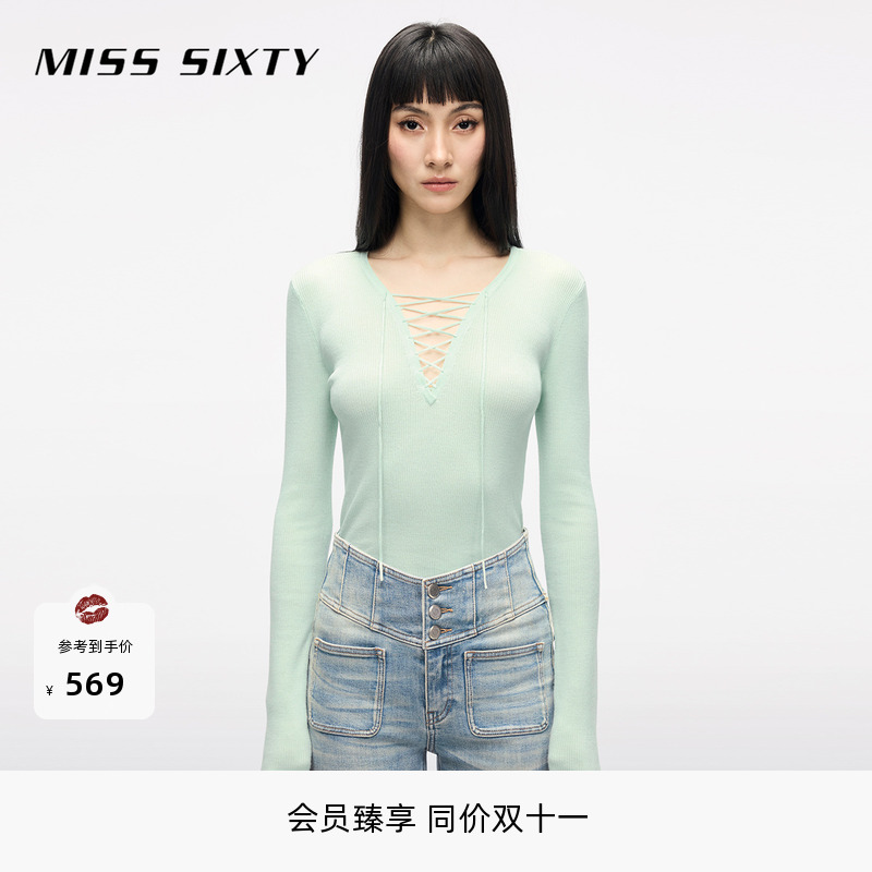 [大领口]Miss Sixty25春秋针织衫系带羊毛桑蚕丝混纺薄设计感休闲