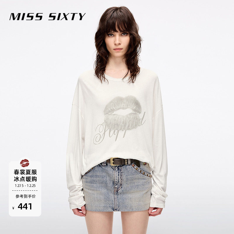 Miss Sixty2025夏季新款长袖T恤女圆领宽松中长款复古