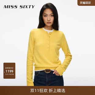 【山羊绒】Miss Sixty2026秋季新款针织衫女假两件亨利领短款毛衣