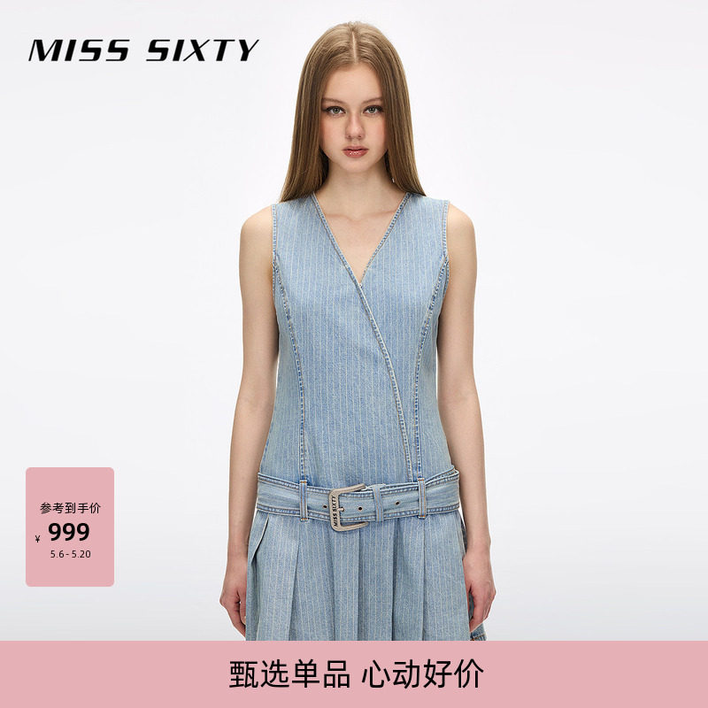 Miss Sixty2026夏季新款牛仔连衣裙女V领无袖附腰带条纹百褶短裙