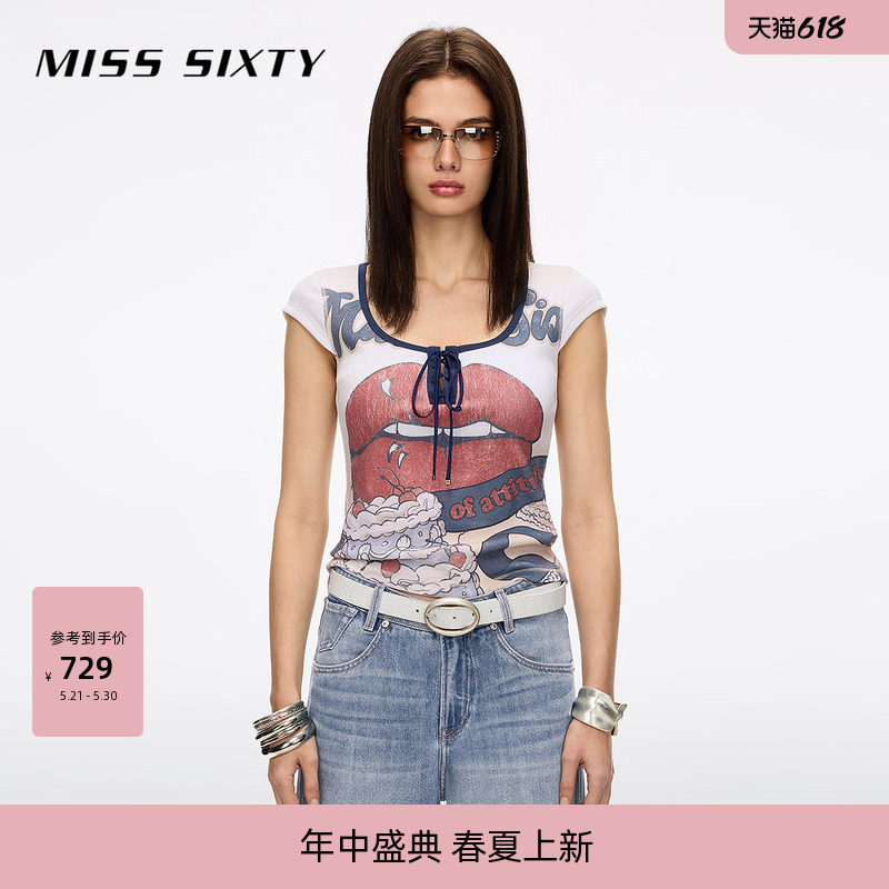 【明星同款】Miss Sixty2026夏季新款T恤女U领系带嘴