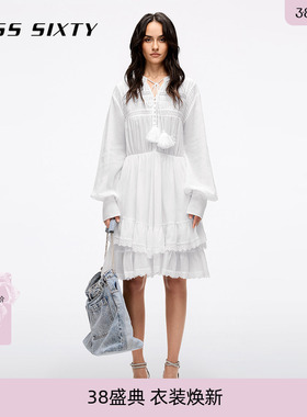 Miss Sixty2026春夏长袖连身连衣裙白色流苏法式甜美风气质