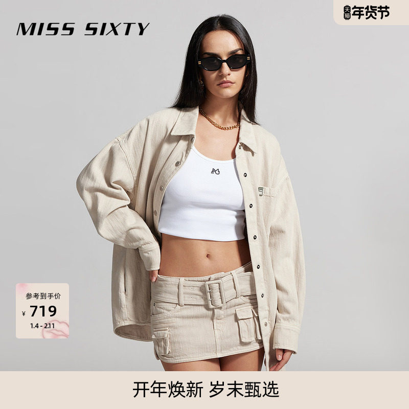 Miss Sixty牛仔衬衫长袖美式街头风宽松中长款杏色街头休闲