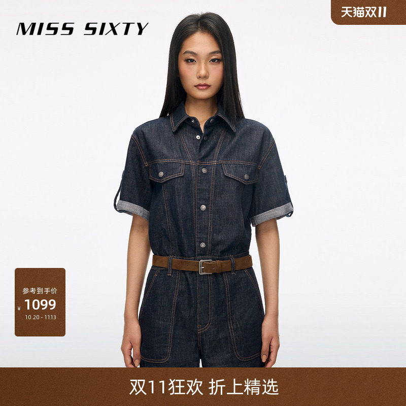 Miss Sixty2026夏季新款牛仔连体裤女翻领附腰带单排扣