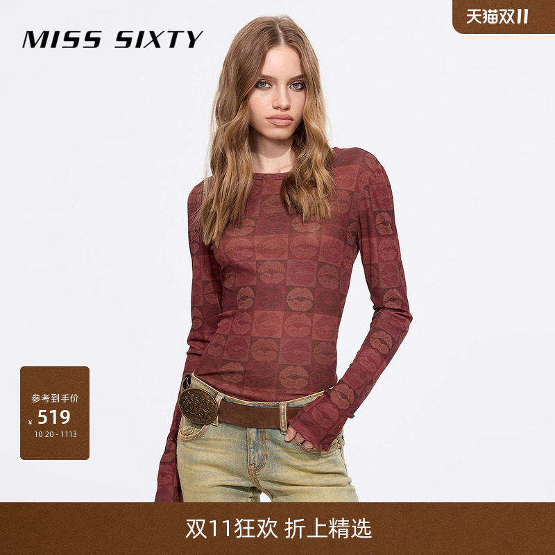 Miss Sixty2026春夏长袖T恤女圆领复古唇印紧身显瘦皮肤衣上衣