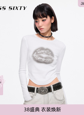 Miss Sixty2025春秋款正肩T恤女唇印修身显瘦短款白色弧形下摆