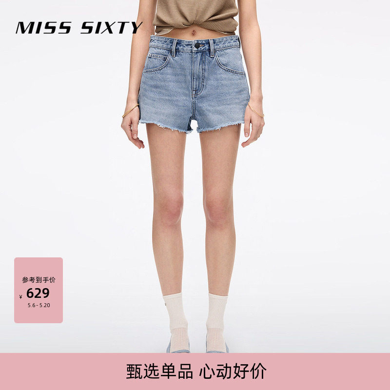 【进口牛仔面料】Miss Sixty2025夏季牛仔短裤磨破毛须边百搭