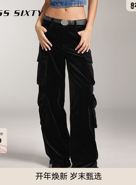 Miss Sixty阔腿裤女高腰显瘦黑色丝绒美式街头口袋复古工装裤