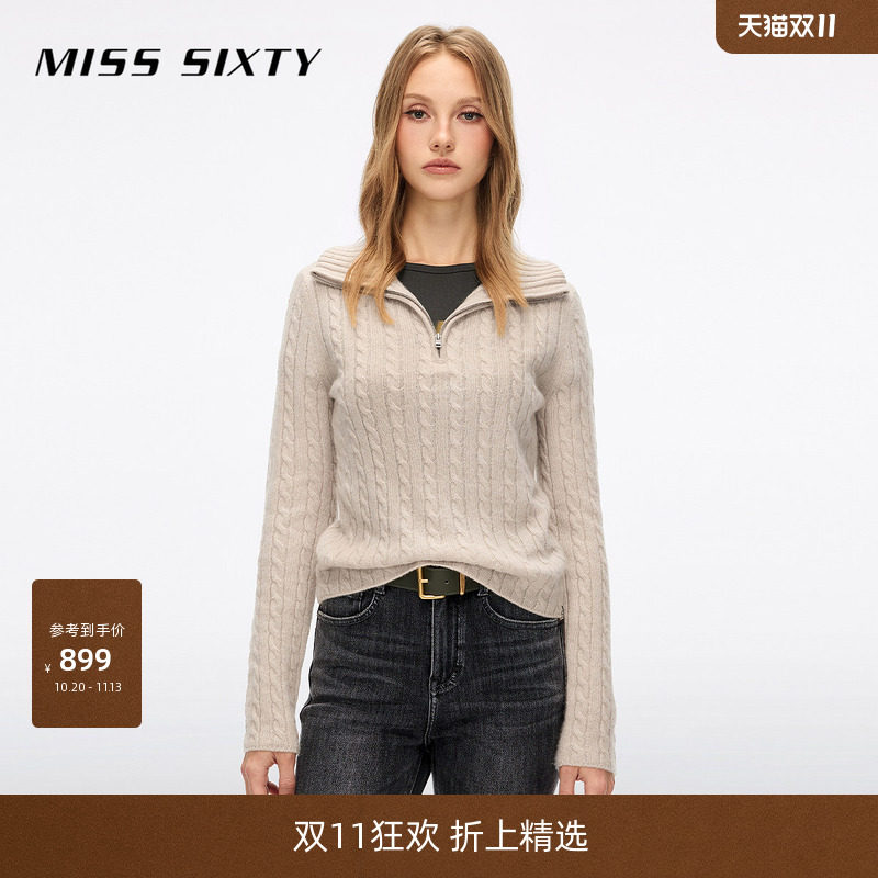 【山羊绒】Miss Sixty2026秋季新款针织衫女半拉链门襟复古绞花