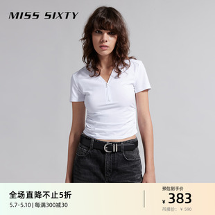 T恤女V领拉链褶皱收腰简约显瘦辣妹风百搭 新款 Sixty2024夏季 Miss