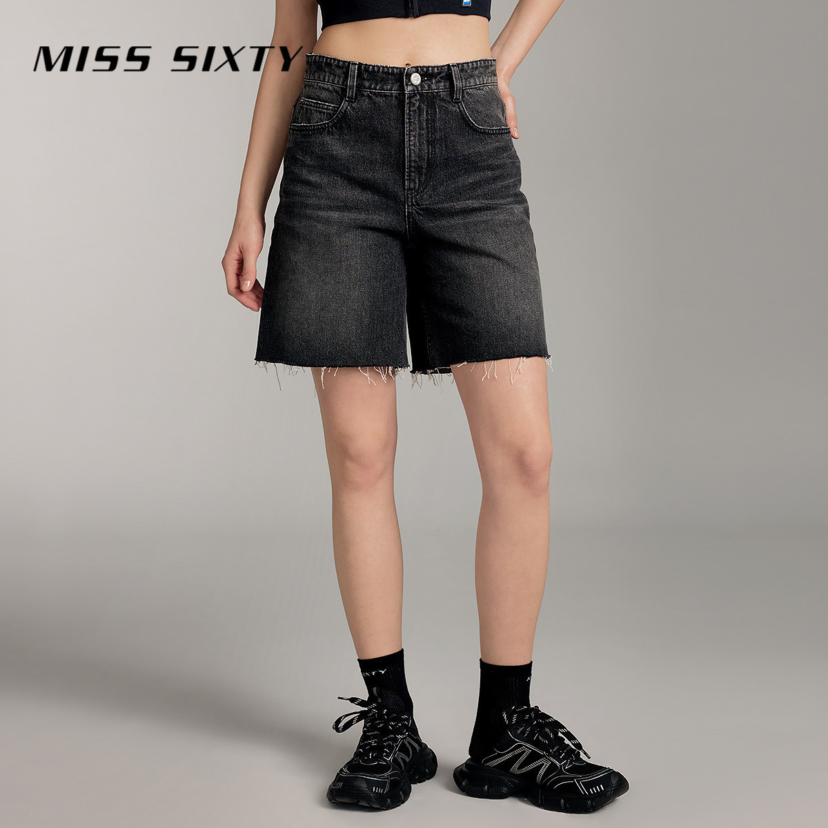 【DBS】Miss Sixty牛仔短裤女复古洗水黑灰色高腰显瘦直